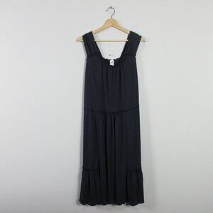 Peruvian Connection Black Midi Dress Women L Black Sleeveless Ruffled Summer 292